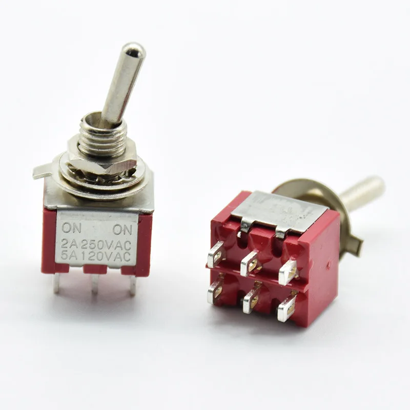 5 шт. красный тумблер Mini MTS 202 ВКЛ./вкл. DPDT фиксация 2A 250VAC/5A 120VAC 6 контактов с паяльным