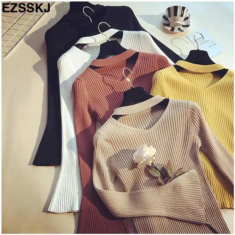 fashion halter knitted sweater women Autumn winter pullover female tops Slim v neck black jumper casual pull femme flare sleeve | Женская