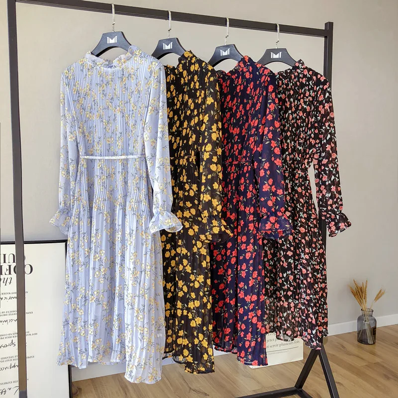 Лето осень женское шифоновое платье женские Платья с цветочным принтом 2019