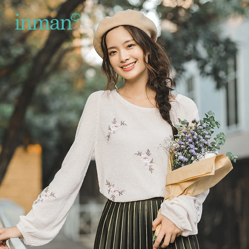 INMAN 2019 Autumn New Elegant Fresh Embroidered Fitted Lanterns Sleeves Long-sleeved Female Sweater | Женская одежда