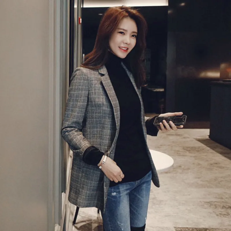 

Plaid Womens Spring Jacket Full Korean Style OL Coat Women Office Lady Autumn Womens Jacket Peals Coat Female Long Sleeved Coats