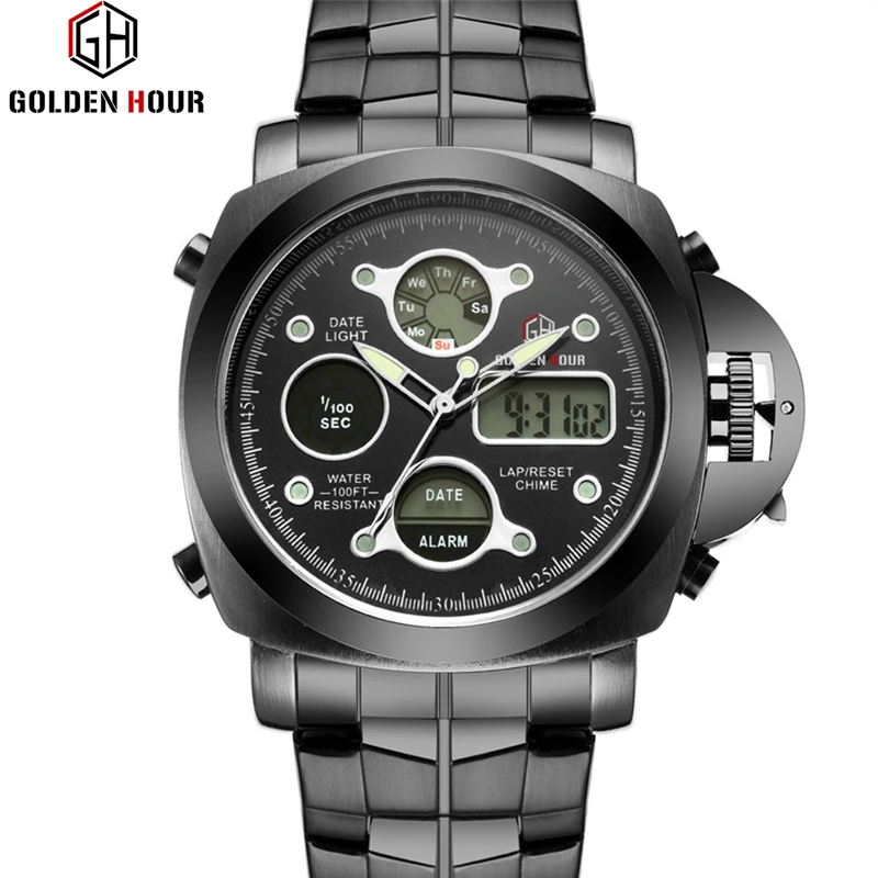 Мужские Аналоговые кварцевые часы Origina полностью черные стальные с золотым часом