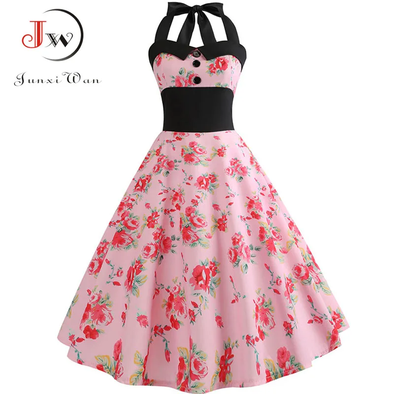 

Women Vintage Dress Retro Polka Dot Black Elegant Sundress Halter Sexy Backelss Party Dresses Casual Office Robe Femme Vestidos
