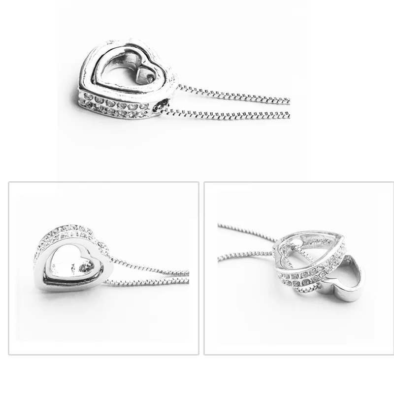 Двойное сердце кулон свитер цепь ожерелье кристалл талисманы Женская мода