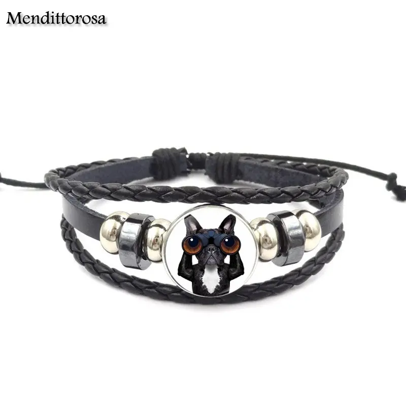 Mendittorosa Cute пес Шарпей Jewelry стеклянный кабошон черный кожаный браслет для унисекс |