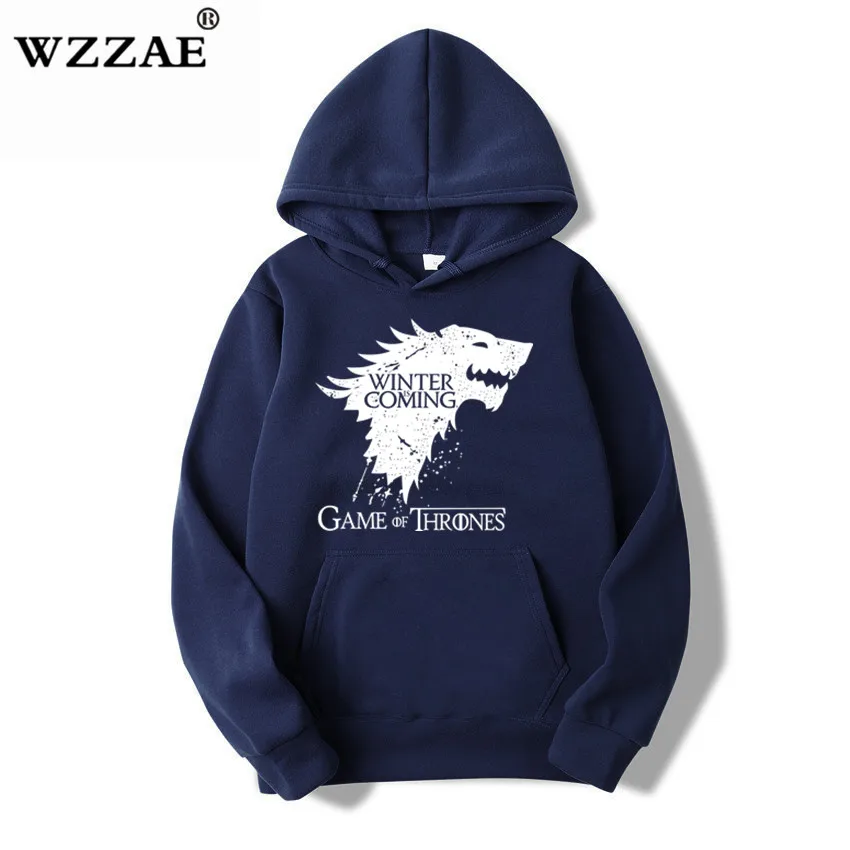 WZZAE новая игра престолов диревольф мужские толстовки и свитшоты зима скоро хлопок с капюшоном высшего качества размера плюс M-XXXL - Цвет: Navy Blue 1