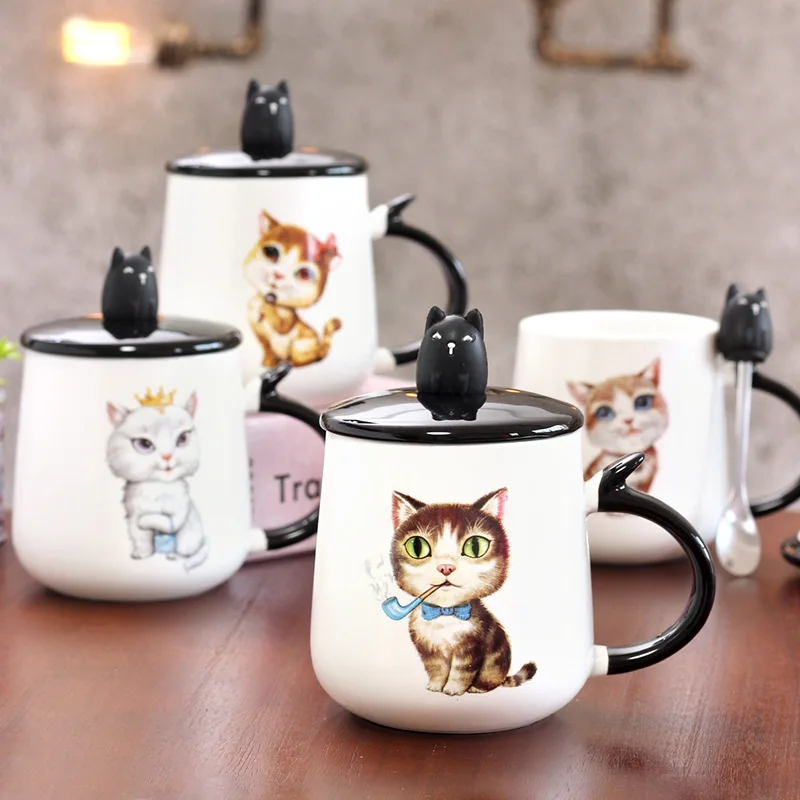 Креативные керамические кофейные кружки 3D кошачья крышка с крышкой и ложкой