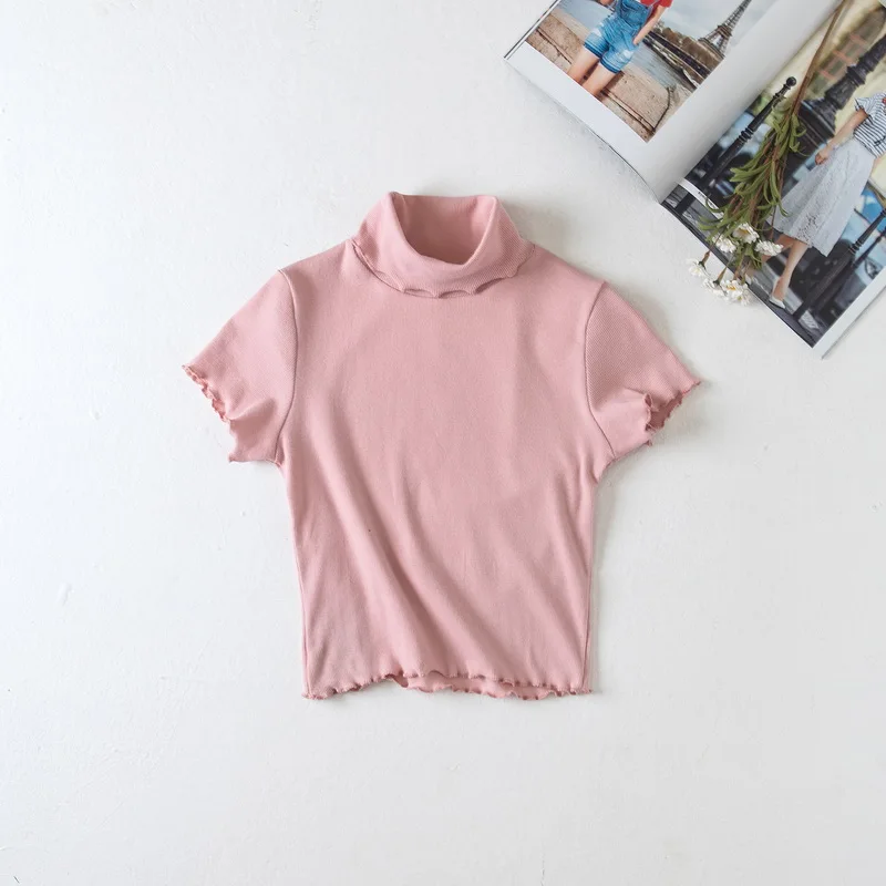 Для женщин Водолазка короткий рукав рябить отделкой Slim Fit футболка Crop Top - Цвет: pink