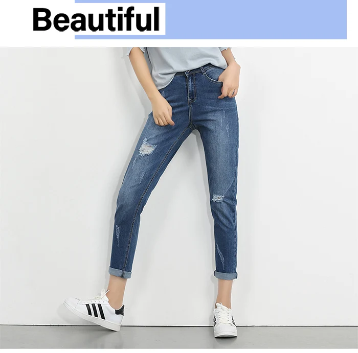 Женские свободные джинсы LEIJIJEANS, модные "рваные" синие джинсовые брюки полной длины, больших размеров, с потертостями, со средней посадкой, лето