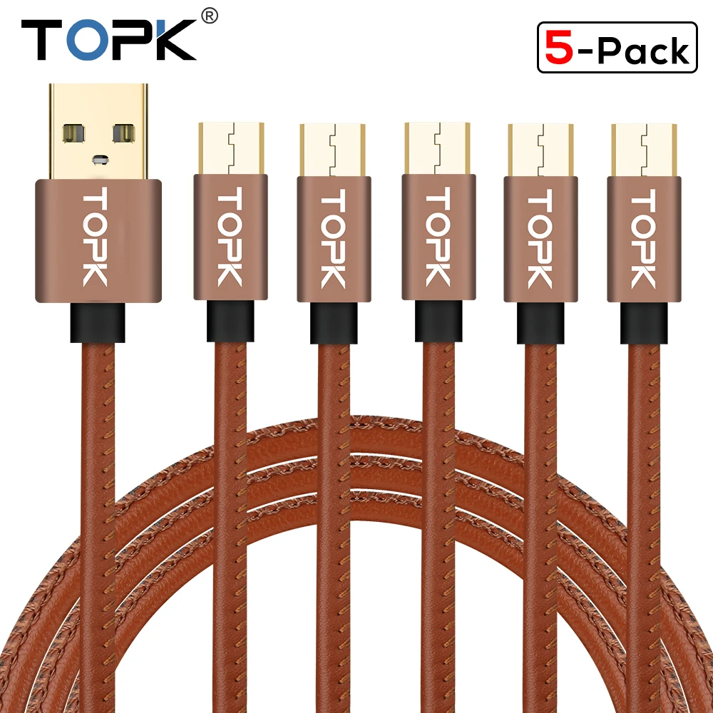 Кабель Micro USB TOPK [5 Pack] из искусственной кожи с металлическим штекером для Samsung S7 edge