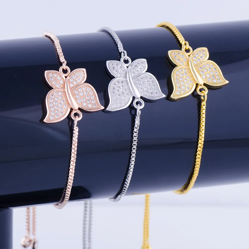 

Hot Jewelry Shining Zircon Butterfly Charms Bracelets Handmade Copper Micro Pave Square Chain Women's Bracelets Bijoux Femme