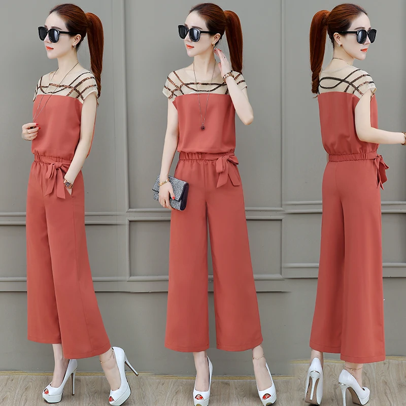 Шифоновый летний стильный женский комплект 2 шт. Топ и штаны Модный костюм Conjunto