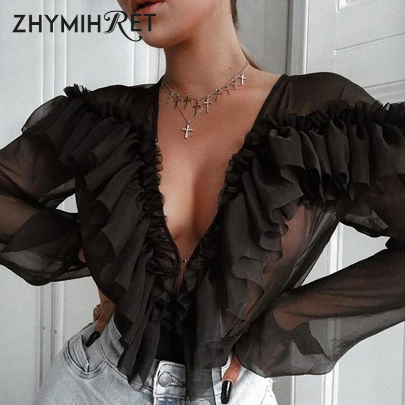 Женское прозрачное боди ZHYMIHRE Сетчатое с v образным вырезом и оборками элегантный