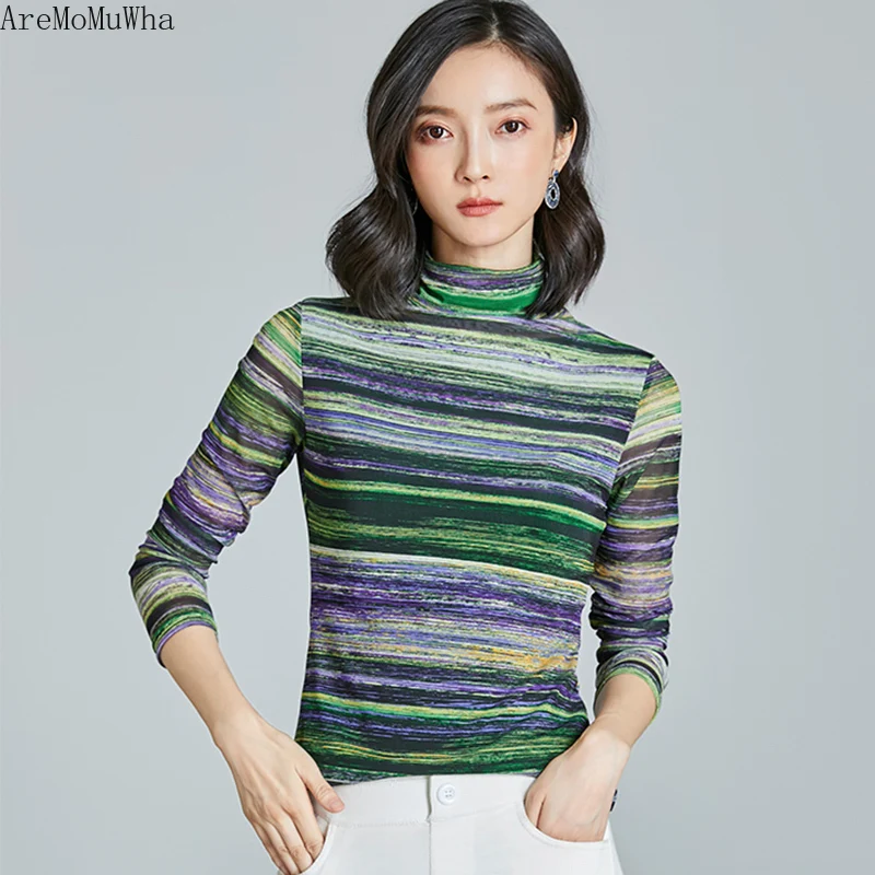 

AreMoMuWha Mesh Bottoming Shirt Female Long-sleeved Striped Shirt 2019 Spring New Slim Slimming Wild High-neck Shirt Women MH260