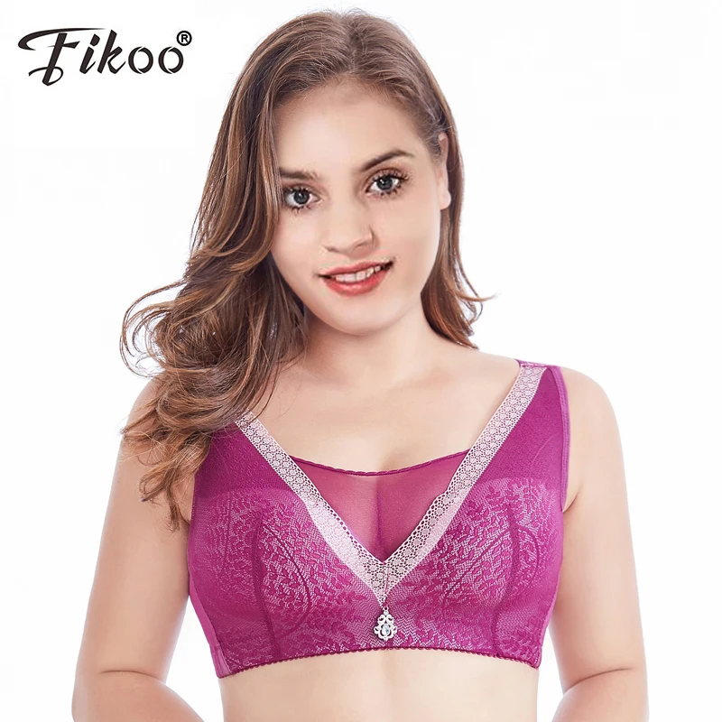 

Fikoo Sexy Vest Bra Wire Free Lace Bras with Mesh Wide Strap Soft Women Brassiere Lingerie C D Cup 34 to 44 #Z002