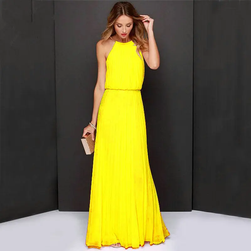 

Женское длинное вечернее платье в стиле бохо, желтое банкетное платье-макси с лямкой на шее, длиной до пола, шифоновое вечернее платье