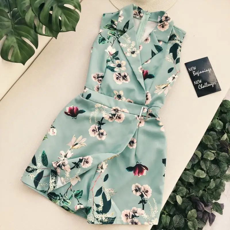 

2019 new fashion women's retro print V-neck suit collar sleeveless temperament HIgh waist Jumpsuits female rompers