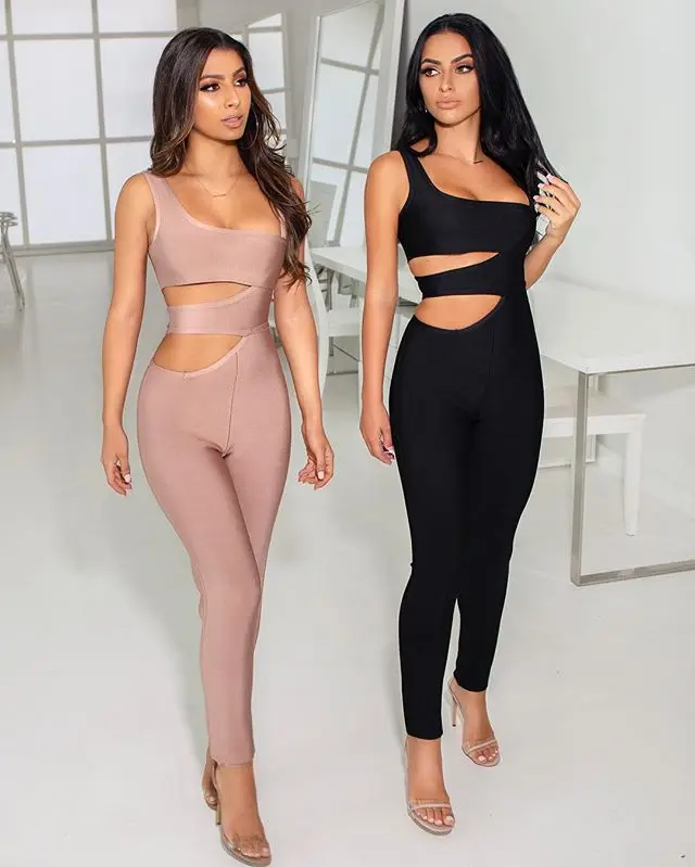 

High Quality Sexy Women Hollow Up Strapless 3 Colors Black Rayon Bandage Jumpsuit Evening Party Fashion Jumpsuit