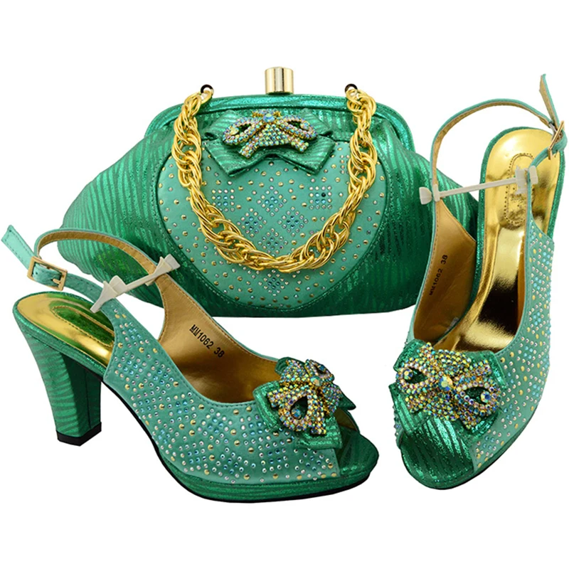 New Arrival Water Green Color African Shoes and Matching Bags Italian Nigerian Party Shoe Bag Sets Decorated with Rhinestone | Обувь