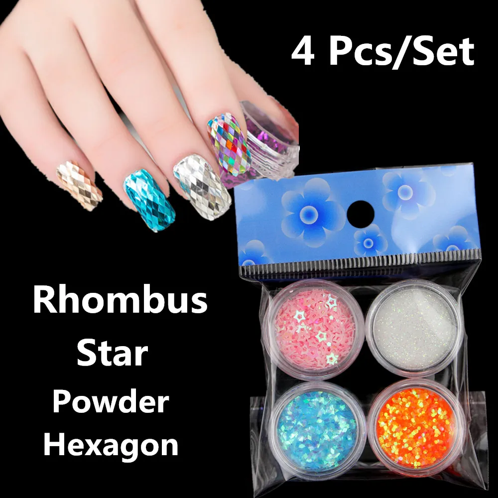 4 Бутылки Дизайн ногтей Mix ромб блесток Блеск Косметическая пудра 3D акрил