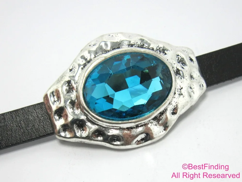 

10x2mm leather slider bar Turquoise Rhinestone Hammered leather tube -FT05T
