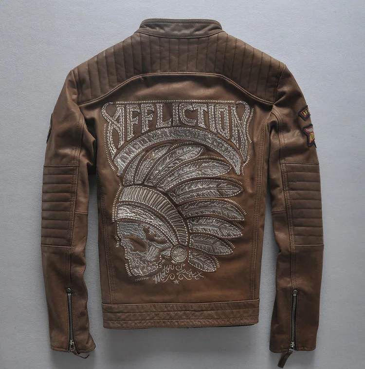 Мужская кожа первый слой кожи воротник короткая куртка мотоцикла Индийский