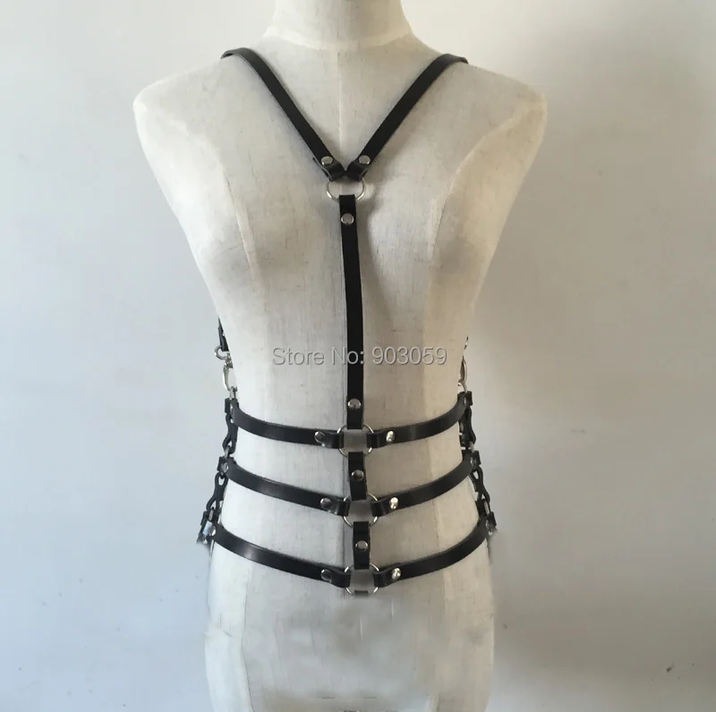 Fashion Punk harajuku Faux Leather material harness Adjustable three Row waist belt Straps suspenders Belt