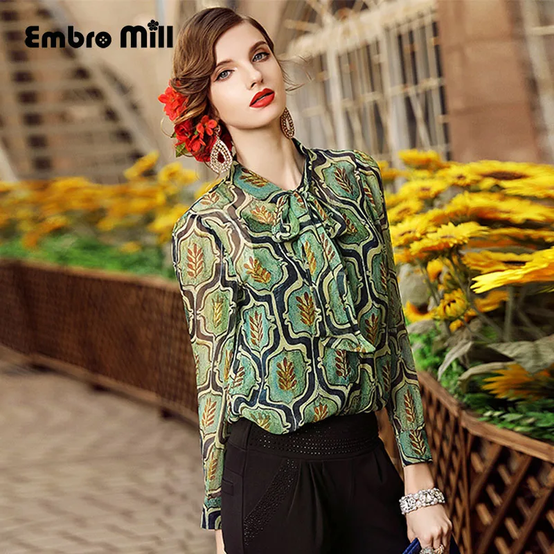 Женская винтажная шелковая блузка с цветочным принтом элегантная модельная