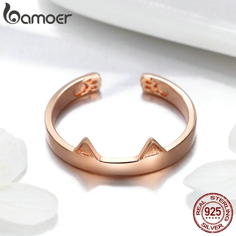 BAMOER, 925 пробы, серебряные кошачьи уши, розовое золото, в форме ушей животных, открытые, в форме лапы, кольца на палец, вечерние, свадебные ювелирные изделия, SCR387-3
