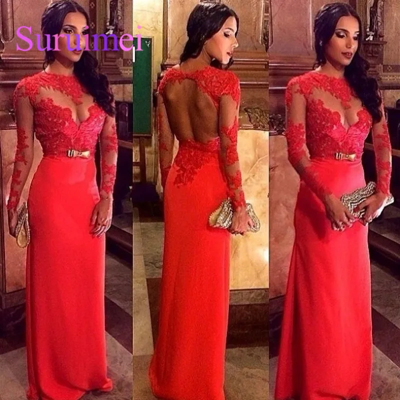 Элегантные красные платья с круглым вырезом и аппликацией Vestido для выпускного