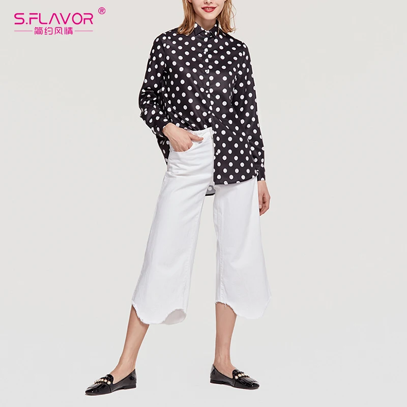 S. FLAVOR рубашка в горошек с длинным рукавом Повседневная летняя черная блузка OL