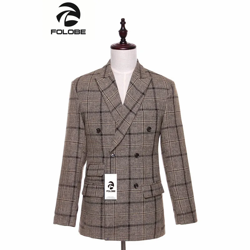 FOLOBE модный коричневый клетчатый твидовый Повседневный блейзер мужская мода
