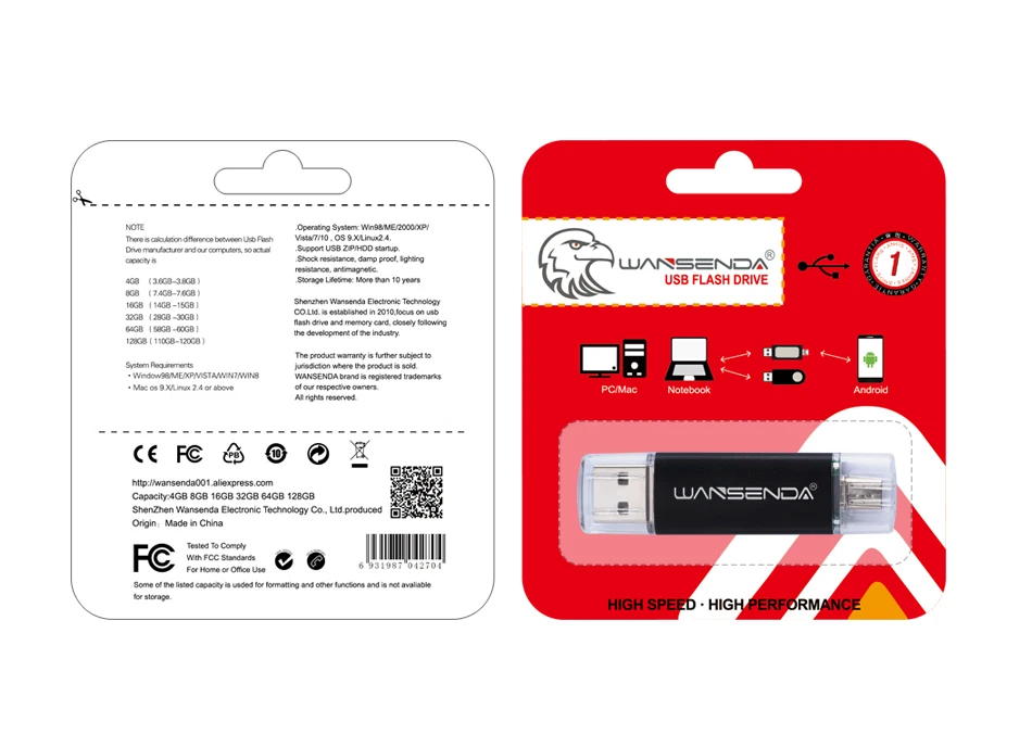 WANSENDA OTG USB флеш-накопитель, флеш-накопитель 8 ГБ, 16 ГБ, 32 ГБ, 64 ГБ, 128 ГБ, флеш-накопитель 2 в 1, Micro Usb карта памяти, флеш-диск 256 ГБ