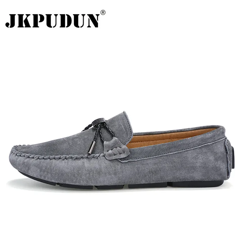 gray JKPUDUN/Роскошные брендовые Летние Стильные Мягкие Мокасины; мужские лоферы высокого качества из натуральной кожи; мужская обувь на плоской подошве; обувь Gommino для вождения - Цвет: gray