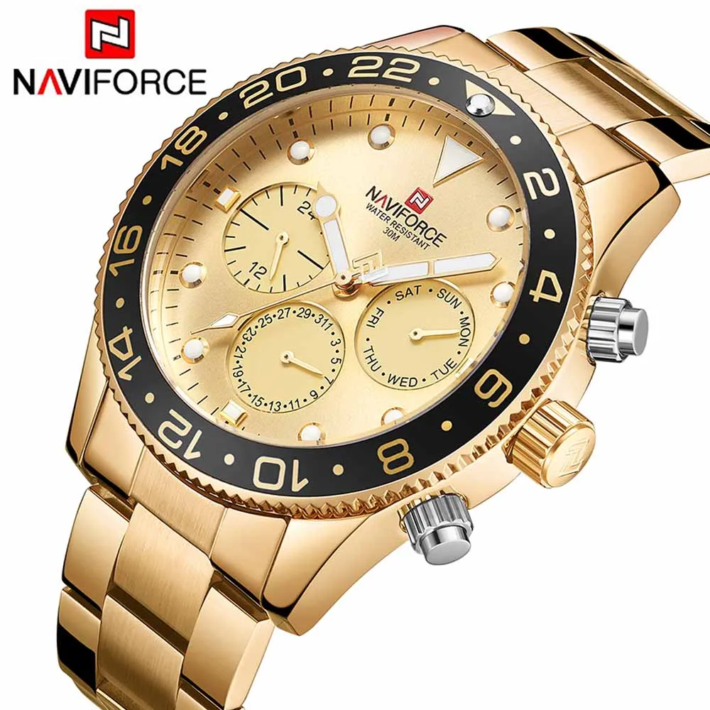 Топ Элитный бренд NAVIFORCE Новинка года для мужчин Военная Униформа непромокаемые спортивные кварцевые часы Дата Неделя 24 час дисплей часы Relogio Masculino - Цвет: Gold Black