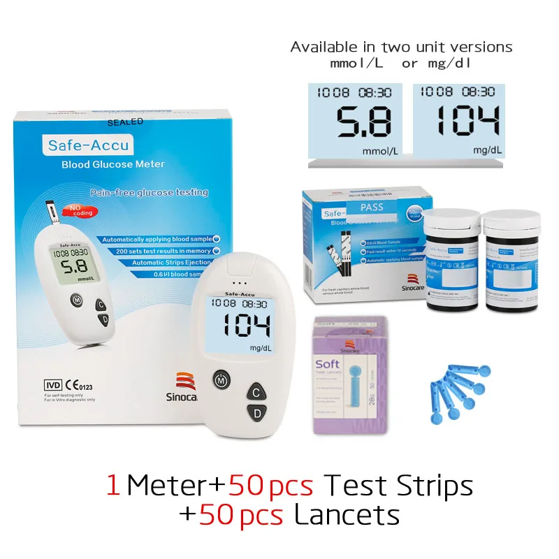 1Meter 50Strips Sinocare Accu mmol& mg/dl измеритель уровня глюкозы в крови 50 шт. тест-полоски/ланцет игла для диабета глюкометр в крови определение уровня сахара в крови - Цвет: 1Meter 50Strips