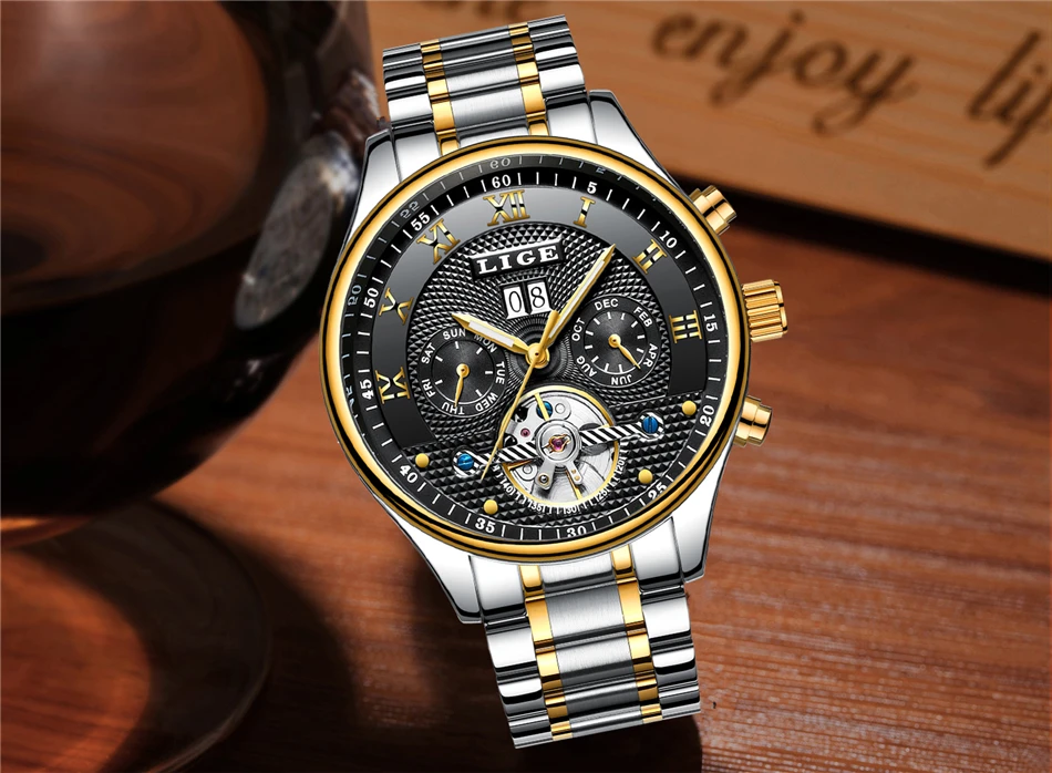 LIGE Fashion Sports Watch Men Business Leather Clock Mens Watches Top Brand Luxury Automatic Mechanical Watch Relogio Masculino