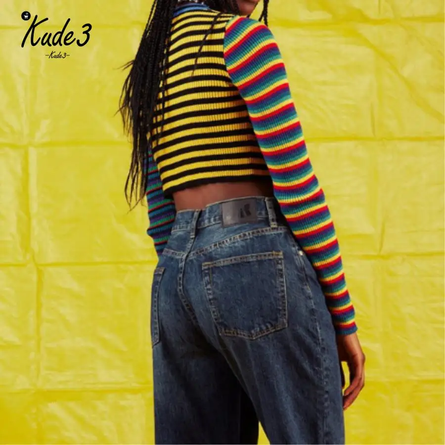 2019 мода харадзюку Винтаж Панк контрастный цвет радуги полосатый многоцветный ed