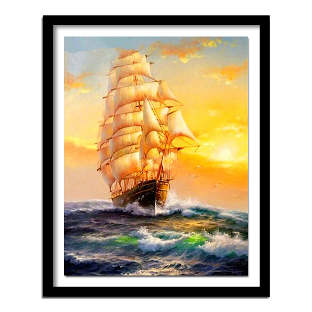 3D сделай сам Алмазный пейзаж большой Парусник Закат у океана полная Алмазная