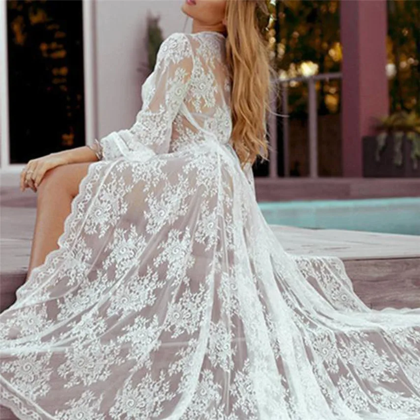 Женское платье макси с длинным рукавом и v образным вырезом кружевной чехол