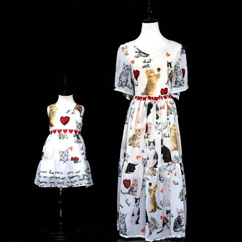 Летняя Праздничная шифоновая юбка с котами для девочек одинаковое платье мамы и