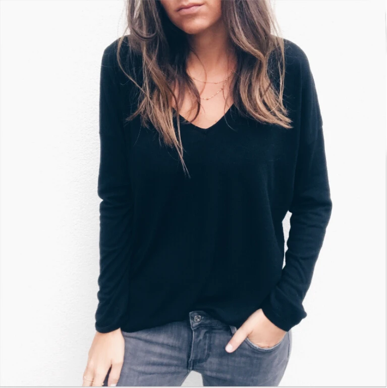 Женская Кружевная футболка с длинным рукавом V-образным вырезом и открытой