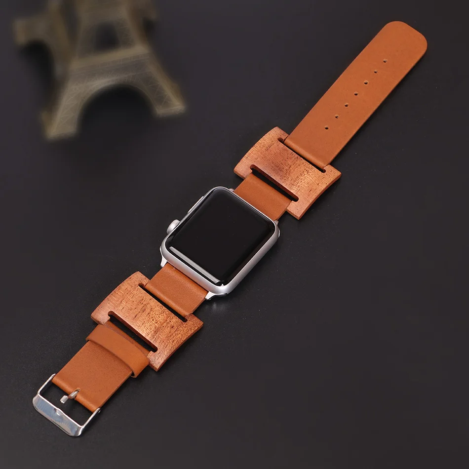 FOHUAS, ремешок для часов из черного дерева, натуральная кожа, петля для apple watch, серия 3, 42 мм, Ретро ремешок, браслет, застежка, петля, черный, коричневый