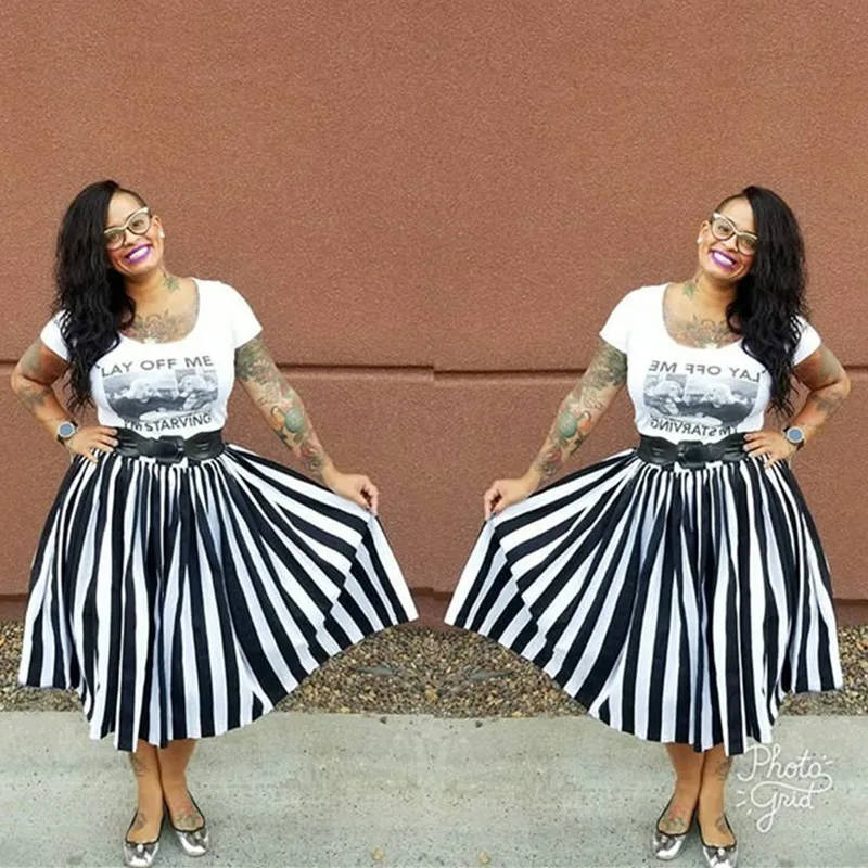 Женская винтажная юбка средней длины черная белая в полоску стиле 50-х годов