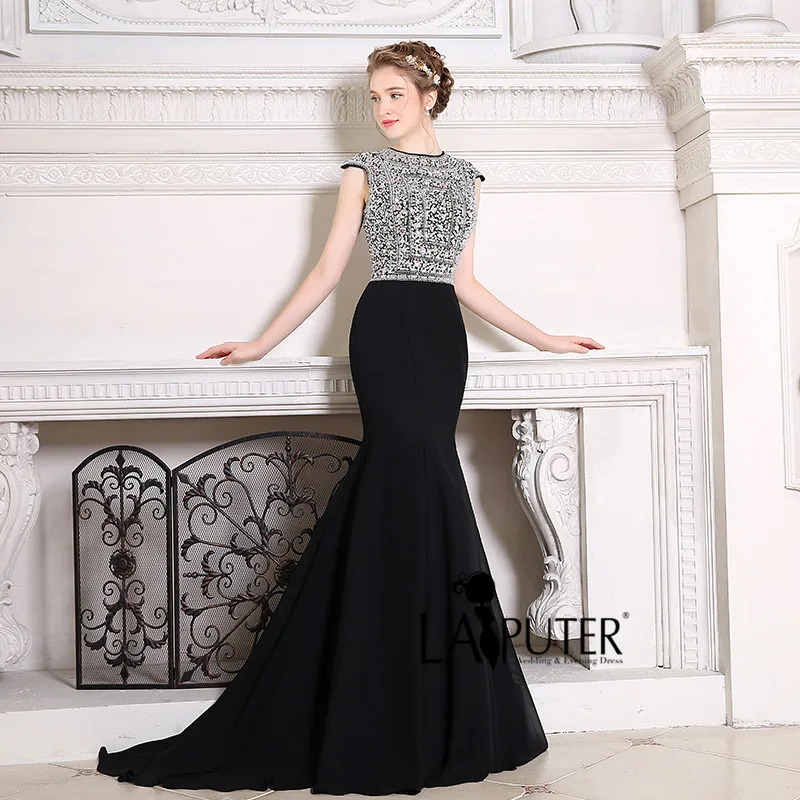 Vestidos de formatura Crystal Beads Chiffon Long Elegant 2017 Black Sexy Mermaid Prom Evening Dress robe soiree courte | Свадьбы и