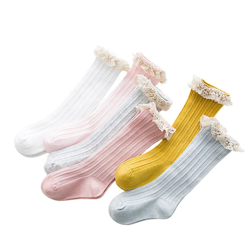 Calcetines hasta la rodilla con encaje para ni&ntilde;os, medias con volantes, de princesa, calentadores de piernas de algod&oacute;n, env&iacute;o gratis-0