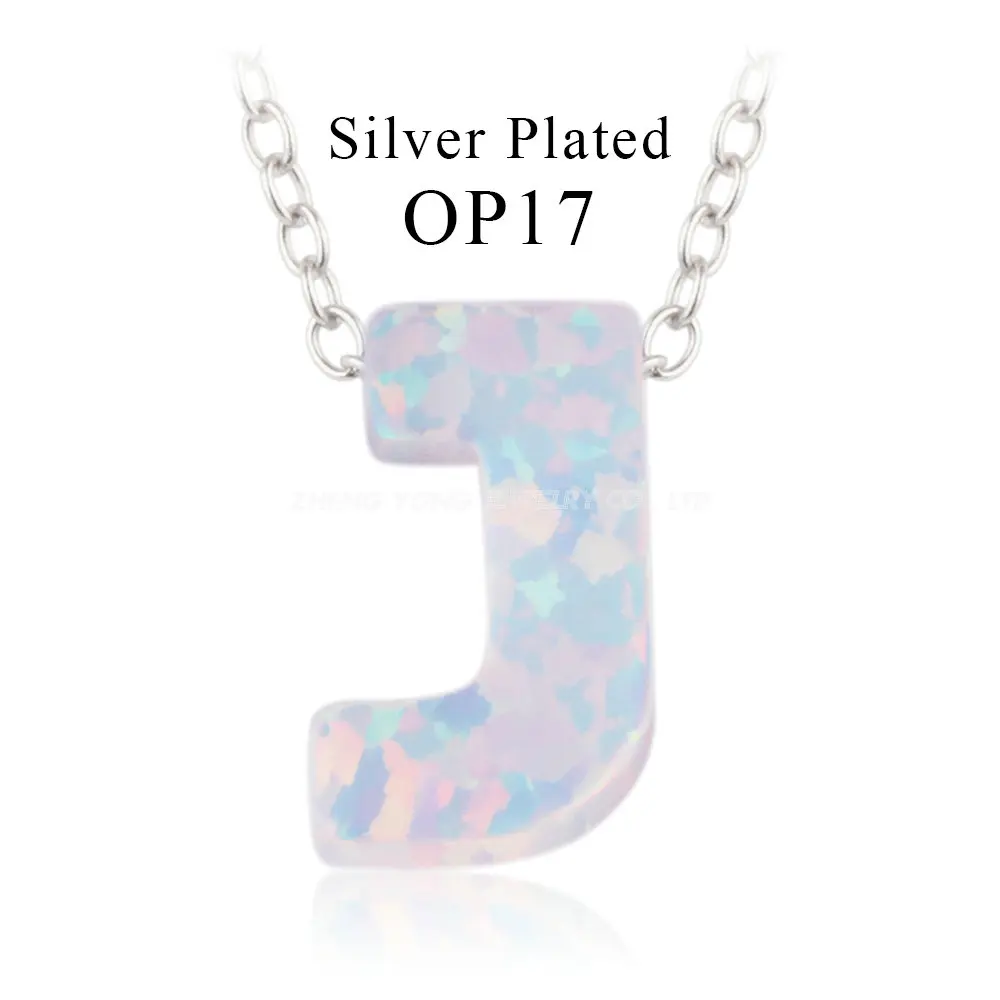 J-Silver plated 1 шт./лот, ожерелье с подвеской в виде снежных и огненных белых опаловых букв, инициалы, синтетический опал, ожерелье с серебряным покрытием - Окраска металла: J-Silver plated