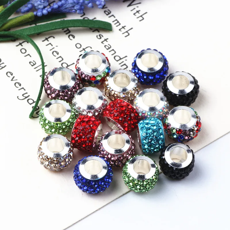 

100pcs Mix Color 11mm Big Hole Charms Beads With Rhinestone Fit Jewelry Bracelet For Jewelry Handmade & Women DIY Jewelry Gifts