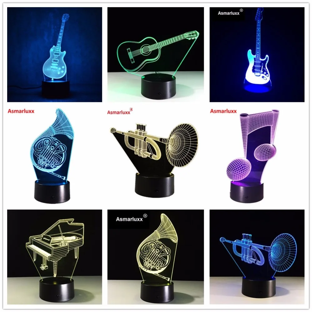 3D Электрогитары нота Saxphone фортепиано Органы лампы 7 Красочные USB Настольный младенца спать ночью свет с сенсорным дистанционного Управление