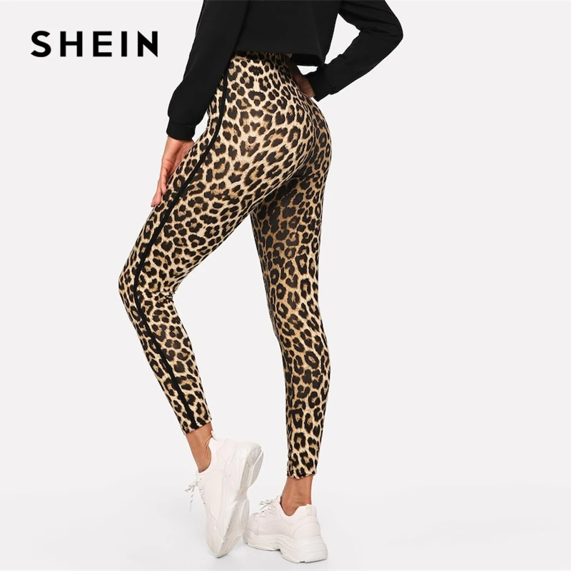 SHEIN Леопардовые Леггинсы С Высокой Талией Женские Многоцветные Осенние Спортивные Леггинсы